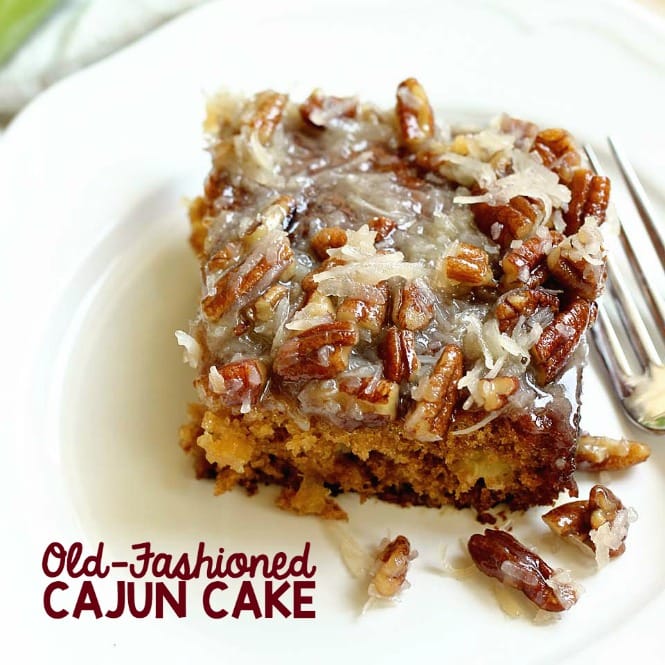 Old-Fashioned Cajun Cake - An EASY cake recipe filled with crushed pineapple and topped with a warm coconut pecan glaze.
