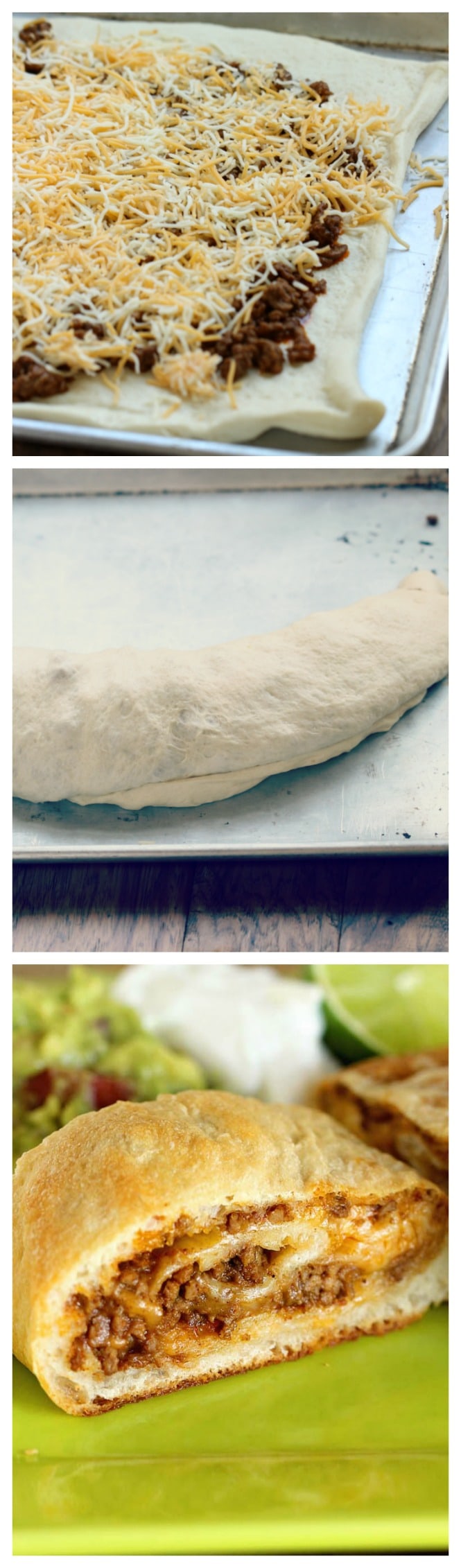 Easy Taco Calzone - A quick and easy weeknight dinner idea using refrigerated pizza dough, taco ground beef filling, and cheese! It's a super kid-friendly meal idea!