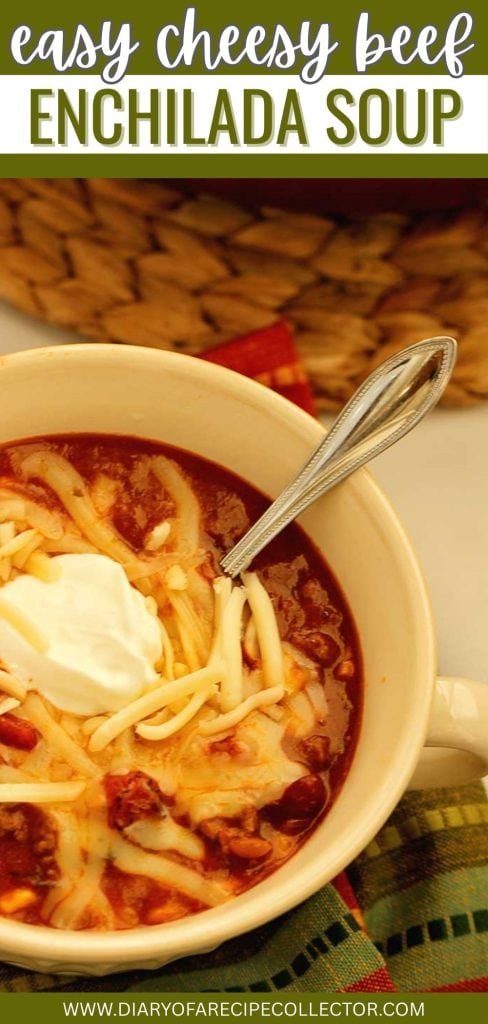 Easy Cheesy Beef Enchilada Soup - A delicious and hearty soup filled with ground beef, enchilada sauce, beans, tomatoes, and corn.