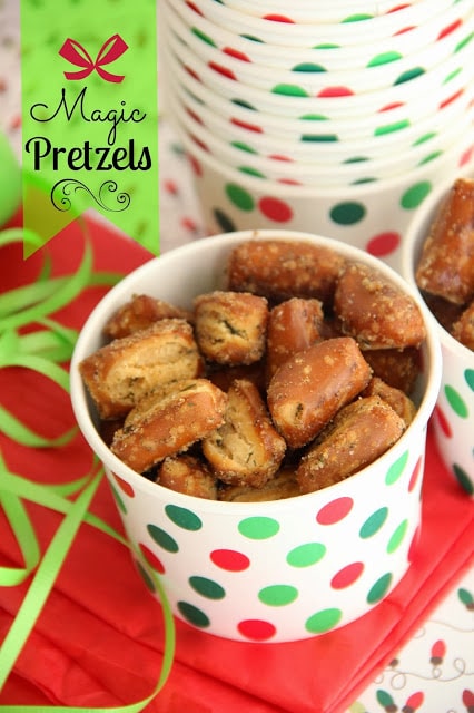 Looking for a great snack?  Well these Magic Pretzels will disappear in no time!!  They are perfect for holiday snacking and gifts!