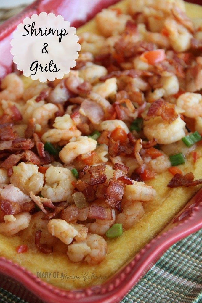 Shrimp and Grits-Cheesy baked grits topped with bacon and shrimp