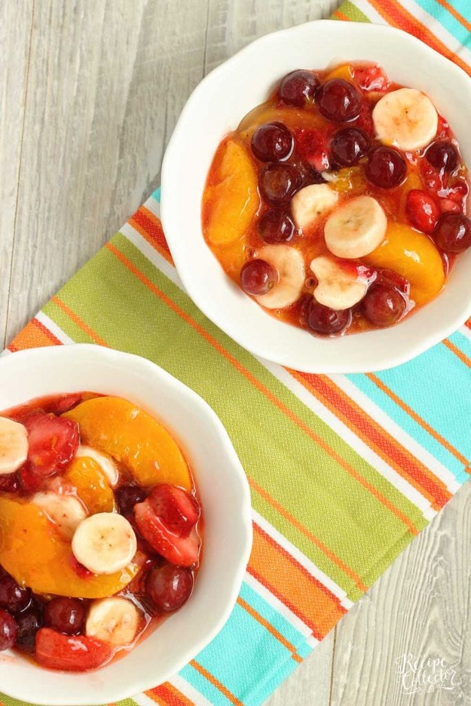 Peach Pie Filling Fruit Salad - This easy dish is made with fresh fruit, frozen strawberries, and mixed with a can of peach pie filling.  It's perfect for school lunches and freezer-friendly too!