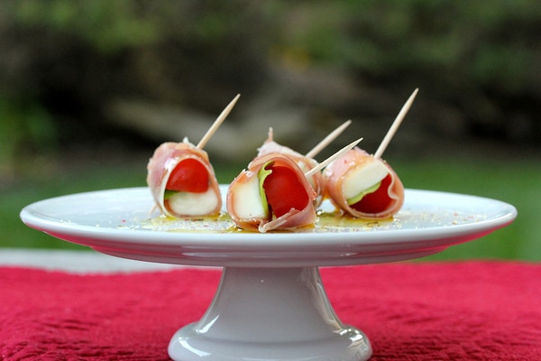 Prosciutto-wrapped Cherry Tomatoes, Mozzarella, and Basil Bites