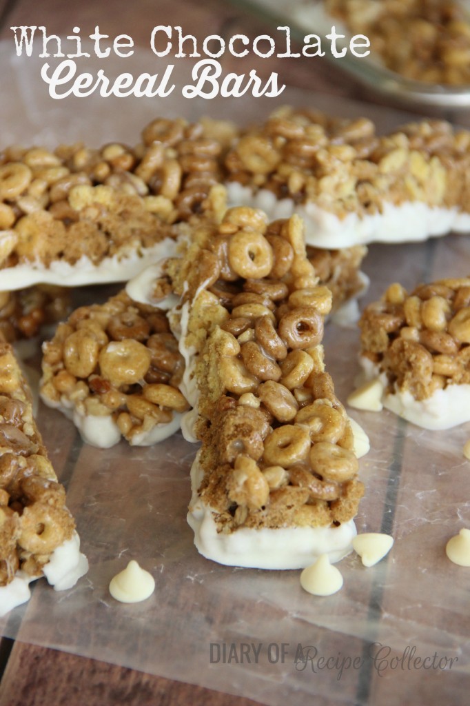 White Chocolate Cereal Bars -filled with cinnamon, pecans, almonds, granola clusters, and Protein Cheerios all dunked in white chocolate-Diary of a Recipe Collector