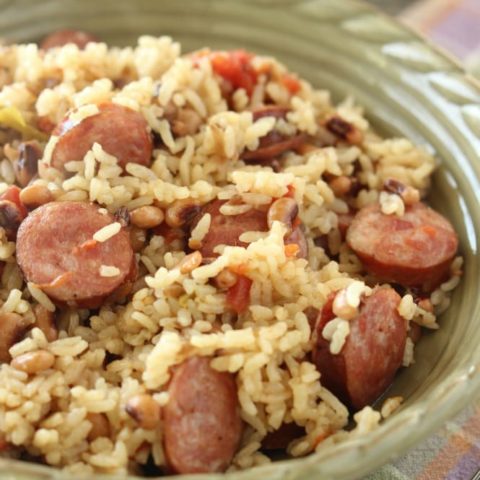 Rice Cooker Sausage Jambalaya - An easy one pot rice dish filled with sausage and black-eyed peas. It only has 5 ingredients!