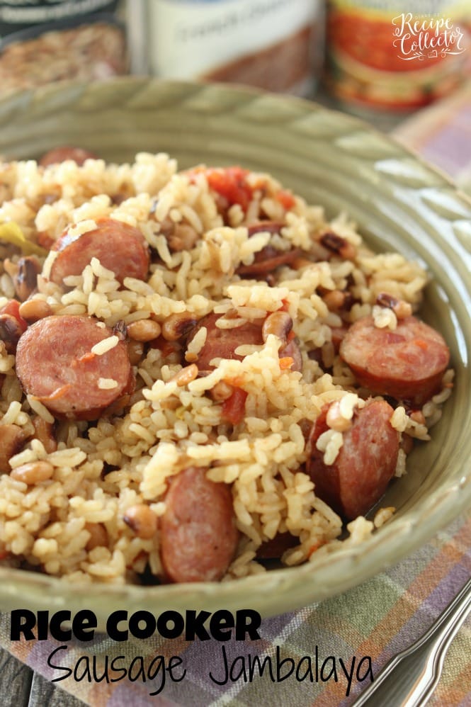 Rice Cooker Sausage Jambalaya - An easy one pot rice dish filled with sausage and black-eyed peas. It only has 5 ingredients!