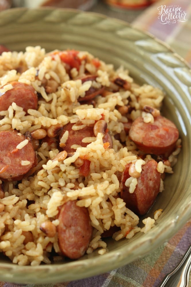 Rice Cooker Sausage Jambalaya - An easy one pot rice dish filled with sausage and black-eyed peas. It only has 5 ingredients!