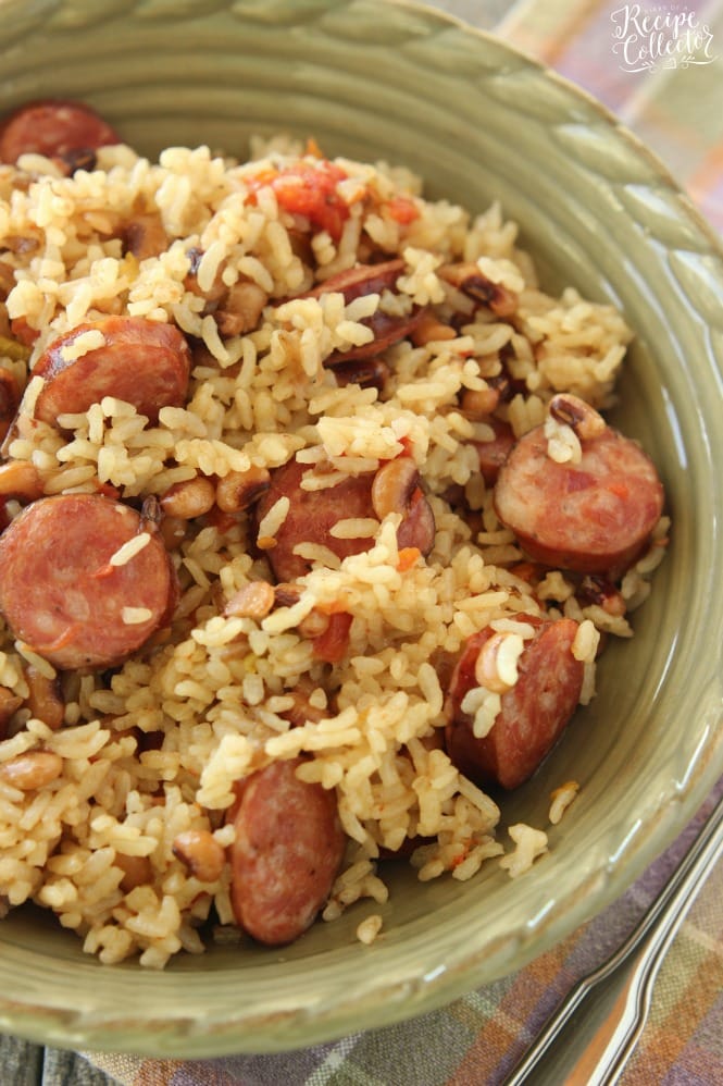 Rice Cooker Sausage Jambalaya - An easy one pot rice dish filled with sausage and black-eyed peas. It only has 5 ingredients!