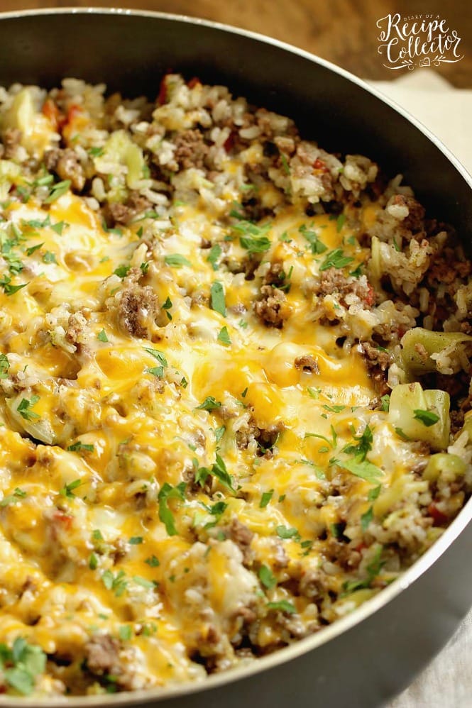 One-Pot Beefy Broccoli Rice - A quick, easy, and hearty one-pot supper filled with ground beef, broccoli, rice and topped with cheese.