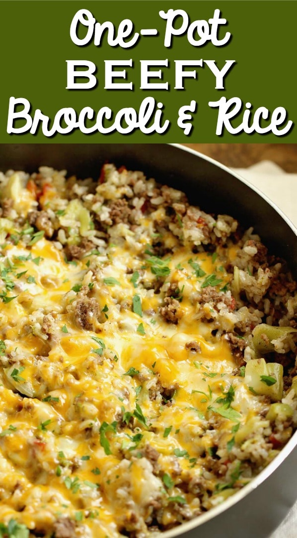 One-Pot Beefy Broccoli Rice - A quick, easy, and hearty one-pot supper filled with ground beef, broccoli, rice and topped with cheese.