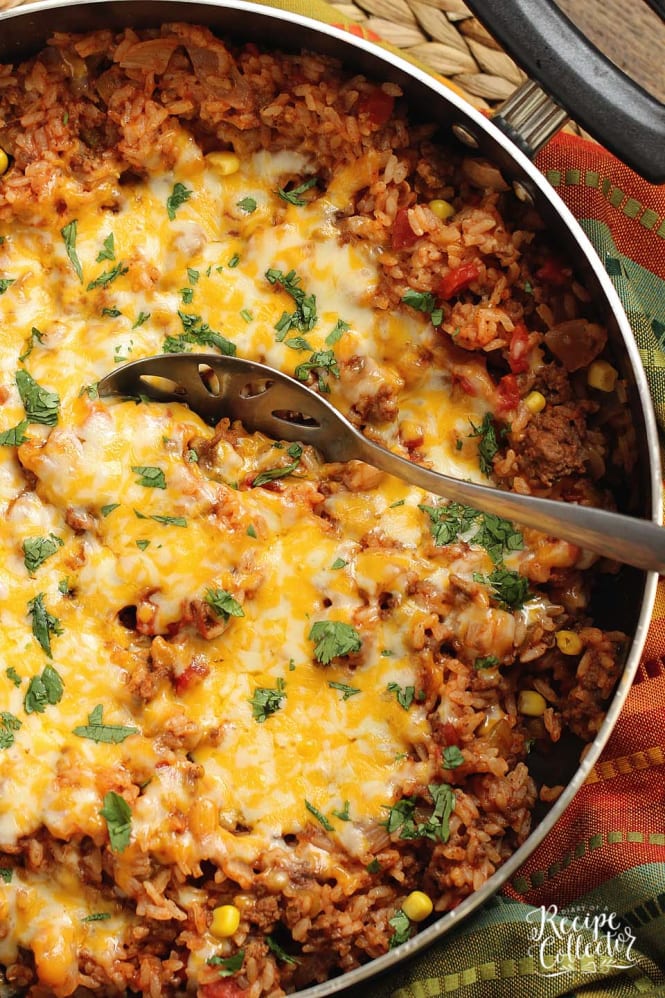 One-Pot Mexi Beef & Corn Bake - This is a super easy  one-pot dish filled with ground beef, tomatoes, corn, rice, and Mexican spices. 