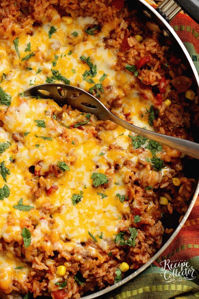 One-Pot Mexi Beef & Corn Bake - This is a super easy one-pot dish filled with ground beef, tomatoes, corn, rice, and Mexican spices.