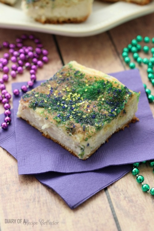 Mardi Gras Cheesecake Squares - Diary of a Recipe Collector