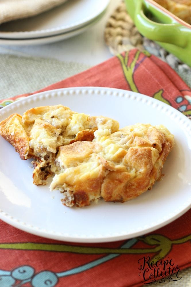 Sausage, Egg, & Cheese Croissant Bake - A perfect all-in-one breakfast casserole filled with croissants, breakfast sausage, eggs, and cheese.  And the best part is you make it ahead!!