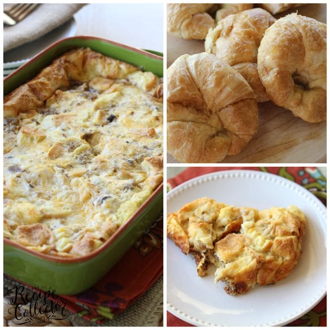 Sausage, Egg, & Cheese Croissant Bake – A perfect all-in-one breakfast casserole filled with croissants, breakfast sausage, eggs, and cheese. And the best part is you make it ahead!!