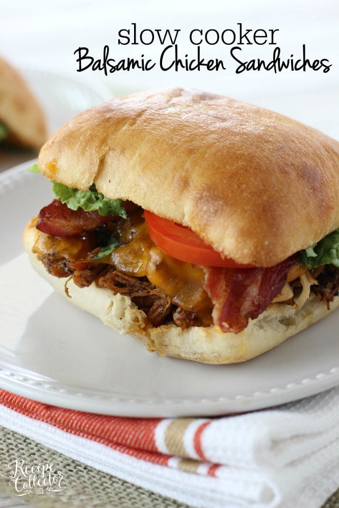 Slow Cooker Balsamic Chicken Sandwiches - Served on a toasted ciabatta roll and topped with bacon and cheddar cheese with a roasted garlic mayo. They are so good!