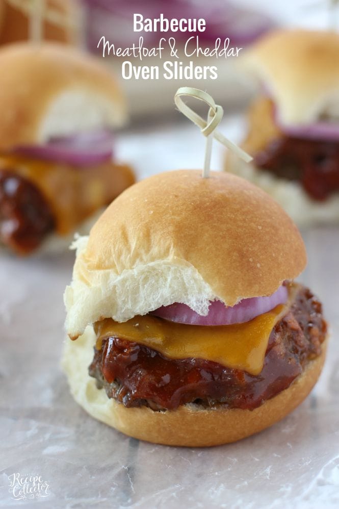 Barbecue Meatloaf & Cheddar Oven Sliders - Baked meatloaf slider burgers topped with a wonderful homemadeeasy barbecue sauce, cheddar cheese, and red onion. Perfect for game day!