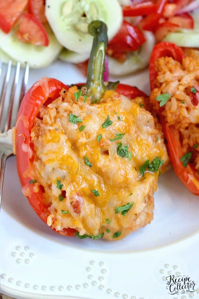 Shrimp Stuffed Peppers - Sweet red bell peppers stuffed with a creamy creole shrimp rice dressing is a fabulous meal and great for company too!