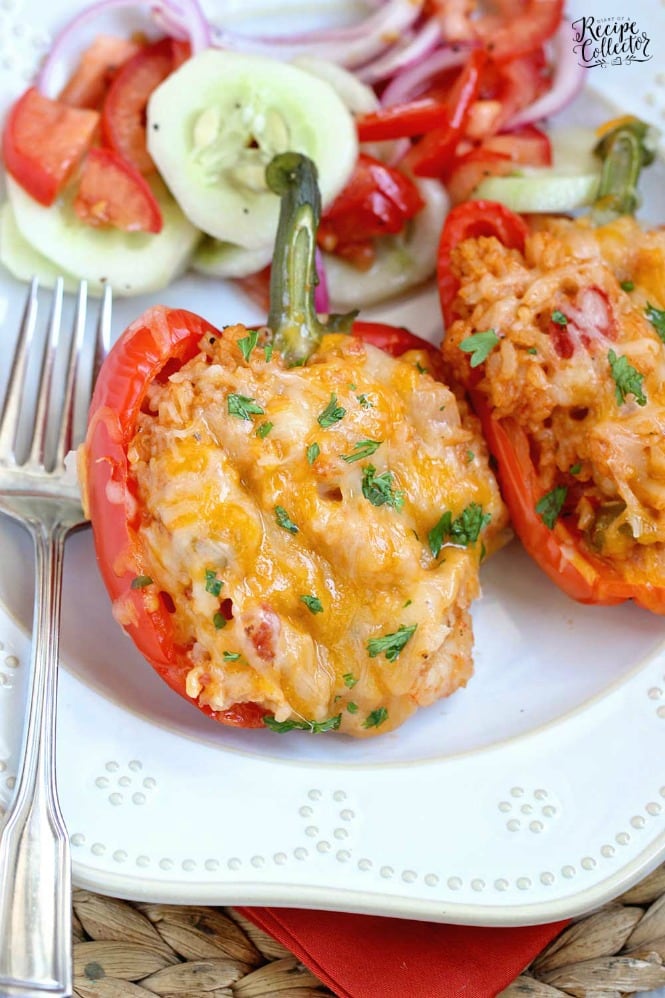 Shrimp Stuffed Peppers - Sweet red bell peppers stuffed with a creamy creole shrimp rice dressing is a fabulous meal and great for company too!