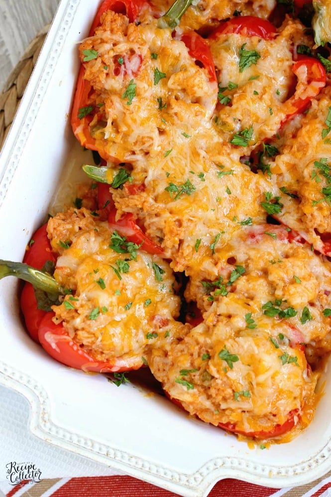 Shrimp Stuffed Peppers - Sweet red bell peppers stuffed with a creamy creole shrimp rice dressing is a fabulous meal and great for company too!