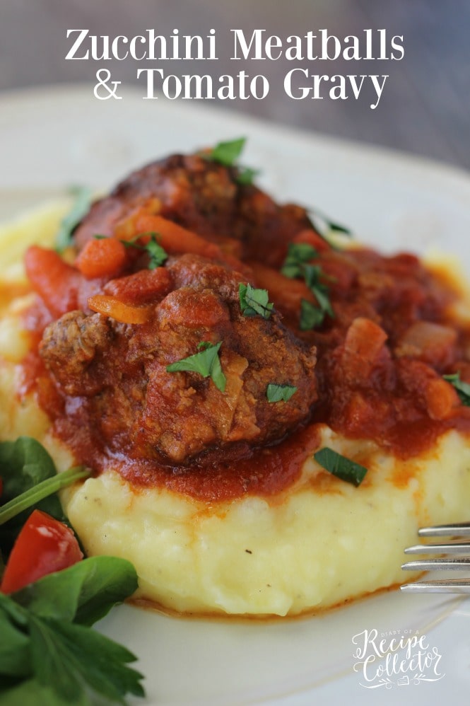 Zucchini Meatballs & Tomato Gravy - A perfect way to sneak those vegetables into meatballs! Plus they are served with a delicious tomato gravy and carrots. They are perfect served over mashed potatoes.