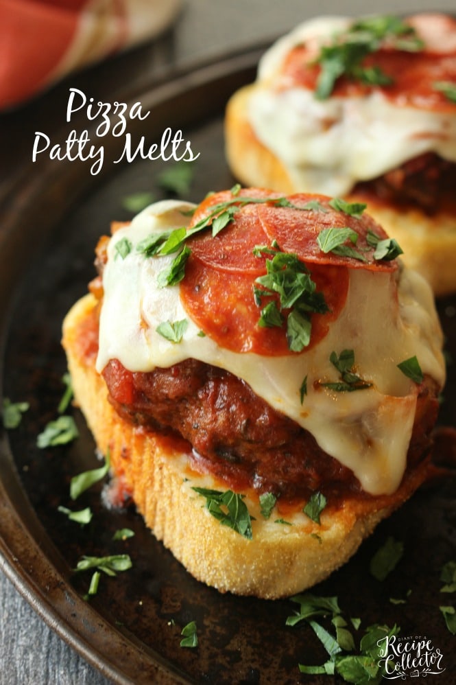 Pizza Patty Melts - Flavorful patty melts coated in sauce served atop a garlic toast and topped with pepperoni, mozzarella, and parsley. #BertolliTuscanTour #ad