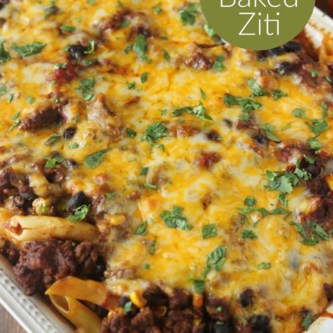 Mexican Baked Ziti - A comforting casserole filled with pasta, ground beef, cheese, Ragu sauce, black beans, and corn.