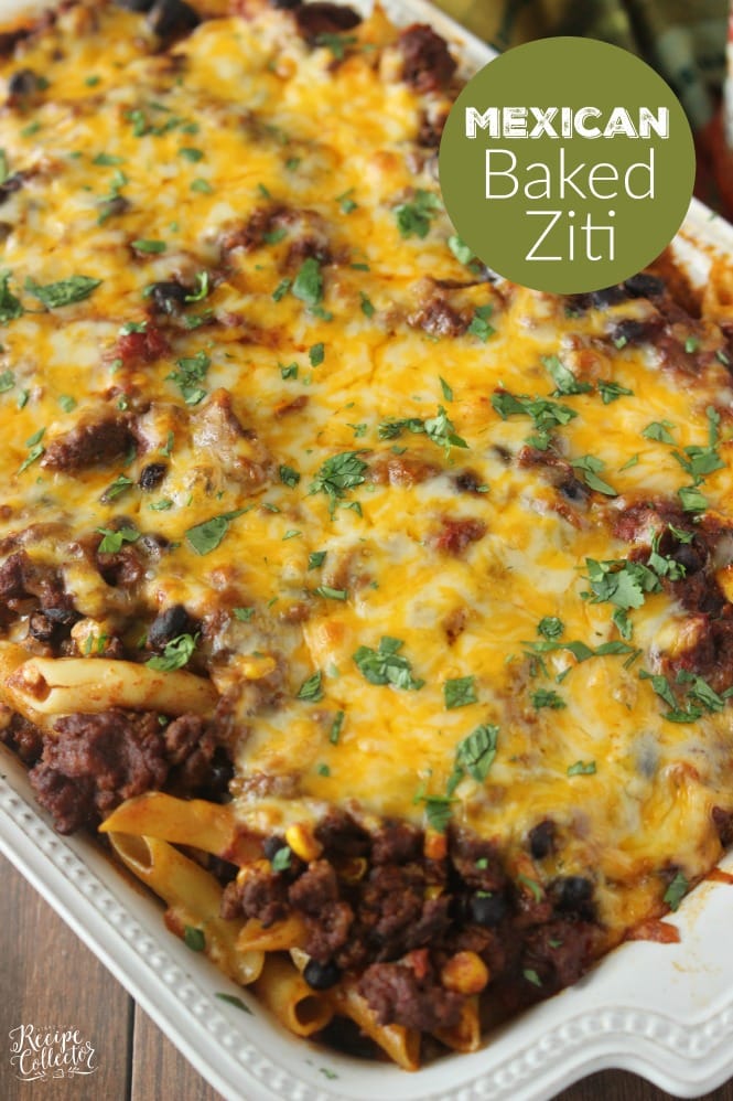 Mexican Baked Ziti - A comforting casserole filled with pasta, ground beef, cheese, Ragu sauce, black beans, and corn.