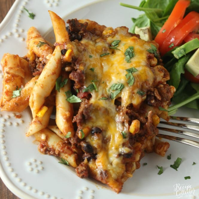 Mexican Baked Ziti - A comforting casserole filled with pasta, ground beef, cheese, Ragu sauce, black beans, and corn.