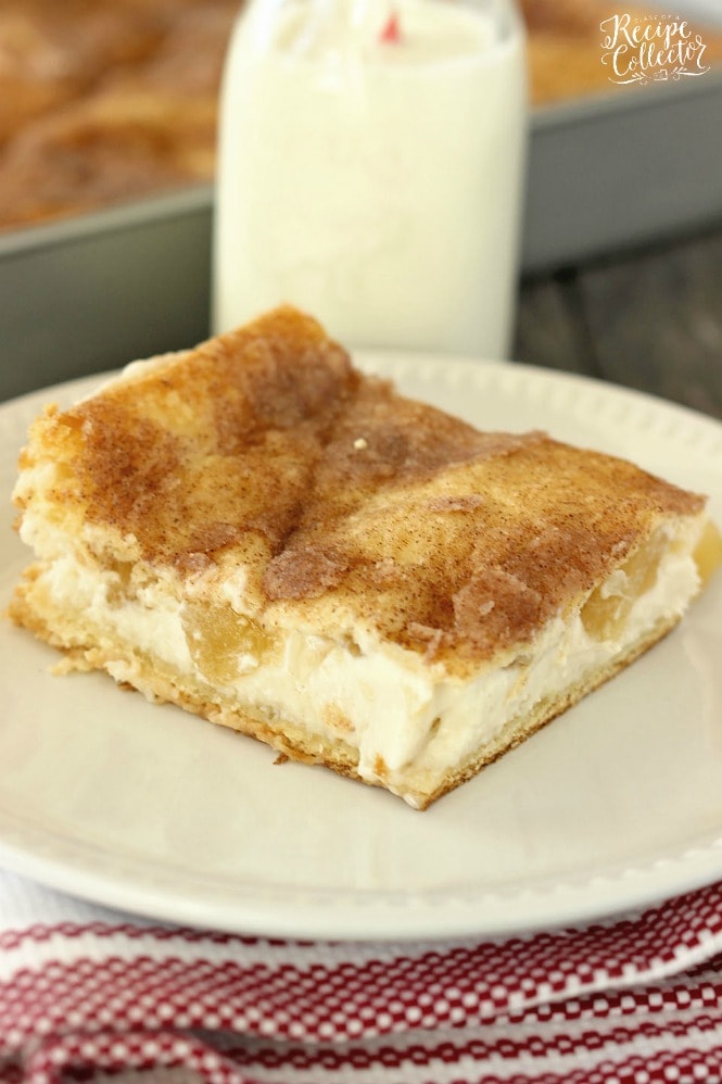 Crescent Apple Cheesecake -Refrigerated crescent rolls serve as a crust and are filled with cheesecake and apples, baked until golden, and sprinkled with cinnamon and sugar. 