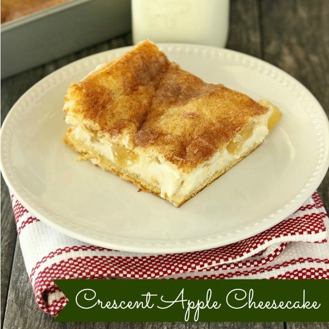 Crescent Apple Cheesecake -Refrigerated crescent rolls serve as a crust and are filled with cheesecake and apples, baked until golden, and sprinkled with cinnamon and sugar.