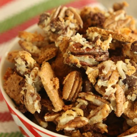 Christmas Magic Mix - All the flavors of classic Magic Cookie Bars in snack mix form is perfect for Christmas parties and giving as a gift.