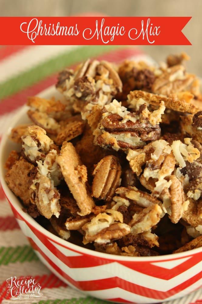 Christmas Magic Mix - All the flavors of classic Magic Cookie Bars in snack mix form is perfect for Christmas parties and giving as a gift.