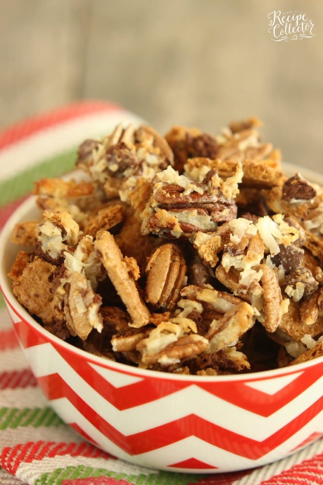 Christmas Magic Mix - All the flavors of classic Magic Cookie Bars in snack mix form is perfect for Christmas parties and giving as a gift.