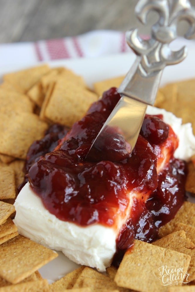 Cranberry Chipotle Cream Cheese - The smoky flavor of chipotle peppers mixed with sweetened cranberries served on top of cream cheese makes a great holiday appetizer served with crackers.