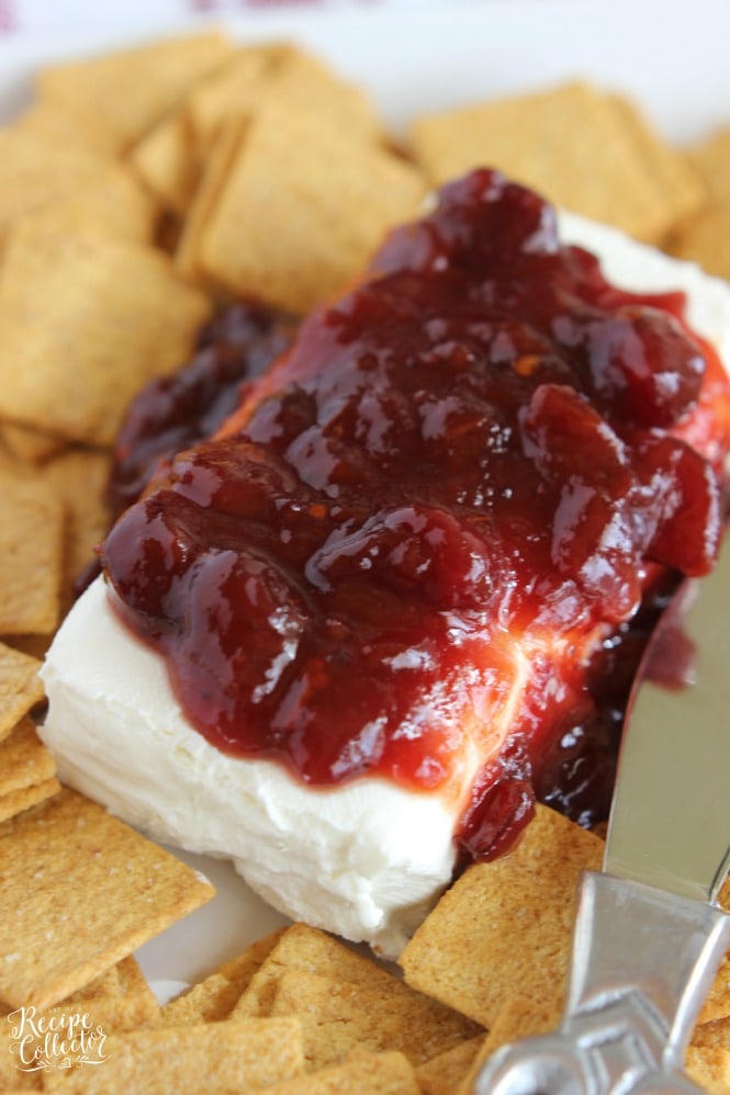 Cranberry Chipotle Cream Cheese - The smoky flavor of chipotle peppers mixed with sweetened cranberries served on top of cream cheese makes a great holiday appetizer served with crackers.