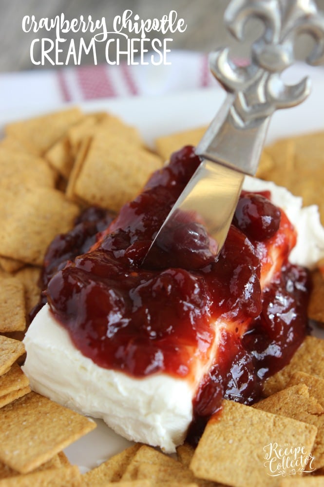 Cranberry Chipotle Cream Cheese - The smoky flavor of chipotle peppers mixed with sweetened cranberries served on top of cream cheese makes a great holiday appetizer served with crackers.