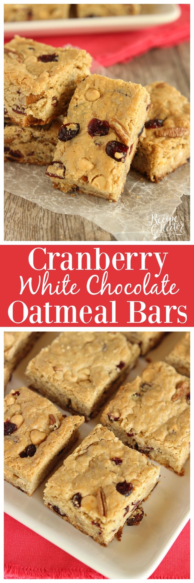 Cranberry White Chocolate Oatmeal Bars - A super easy cookie bar filled with dried cranberries, white chocolate chips, pecans, and oatmeal.