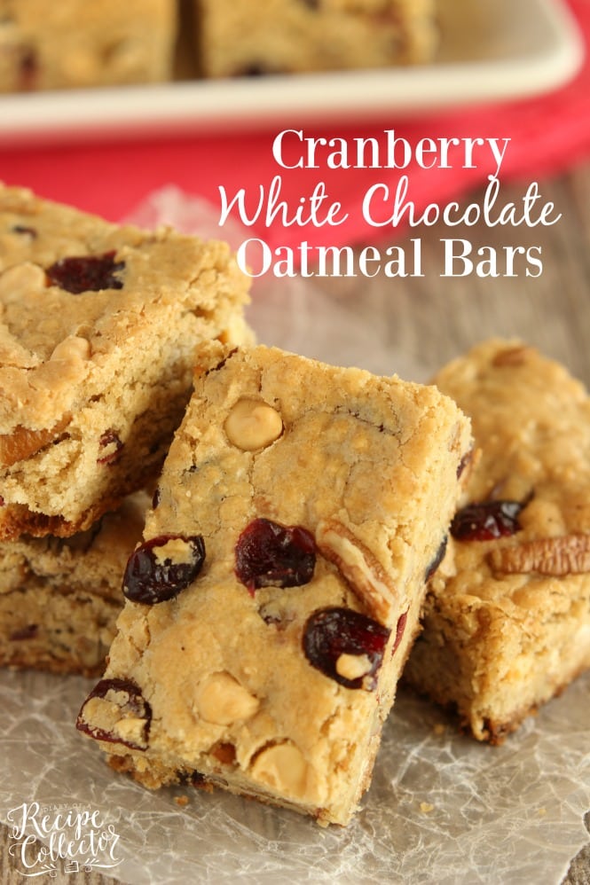 Cranberry White Chocolate Oatmeal Bars - A super easy cookie bar filled with dried cranberries, white chocolate chips, pecans, and oatmeal.