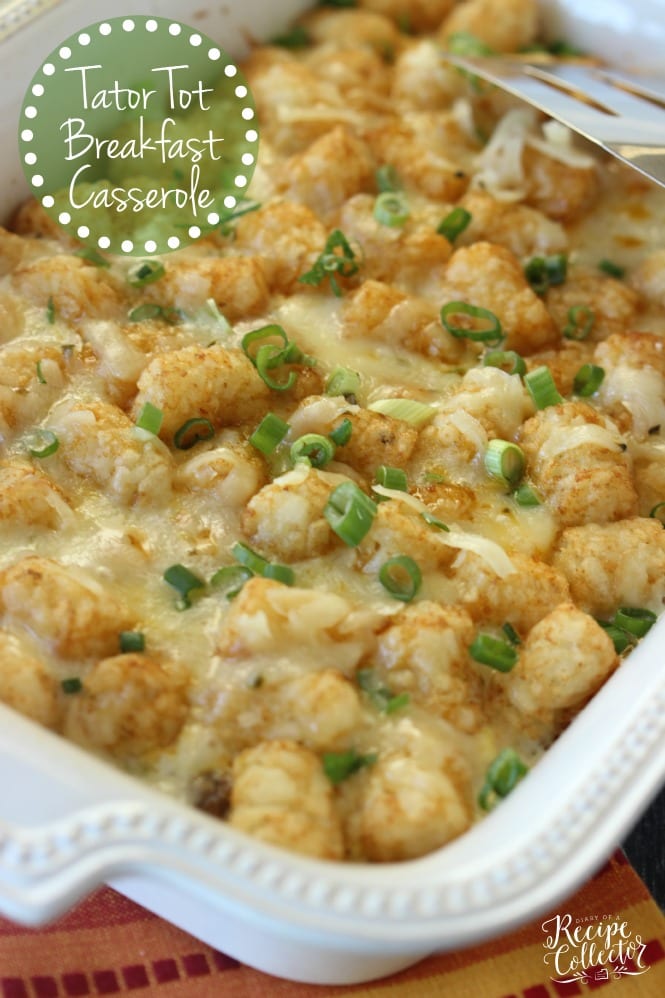 Tator Tot Breakfast Casserole - An easy breakfast casserole filled with breakfast sausage, eggs, pepperjack cheese, green onions and tator tots!