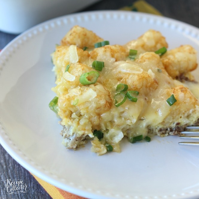 Tator Tot Breakfast Casserole - An easy breakfast casserole filled with breakfast sausage, eggs, pepperjack cheese, green onions and tator tots!