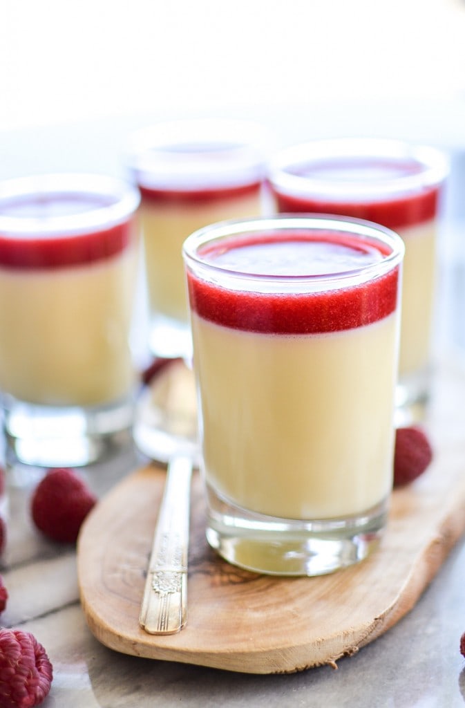 White Chocolate Pots de Creme with Lemon Raspberry Sauce