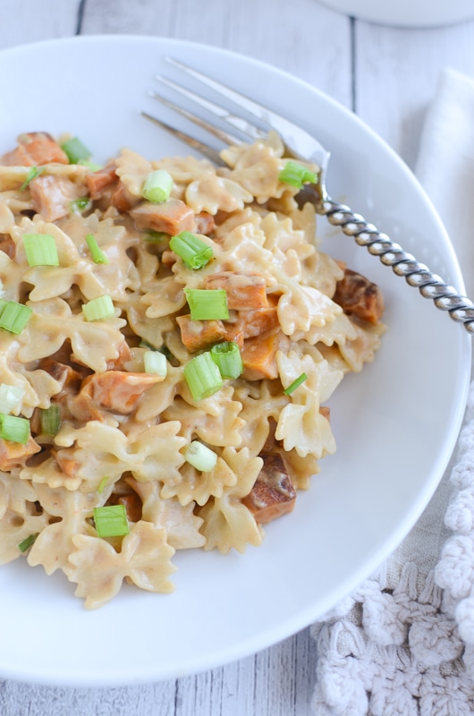 Roasted Sweet Potato Pasta with Spicy Peanut Sauce