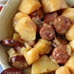 Crockpot Sausage & Potatoes is such an easy dinner idea with only five ingredients! Plus it will leave your house smelling amazing as it cooks all day!