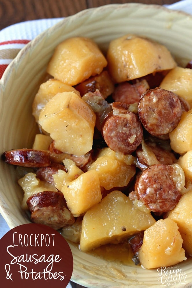 Crockpot Sausage & Potatoes is such an easy dinner idea with only five ingredients! Plus it will leave your house smelling amazing as it cooks all day!