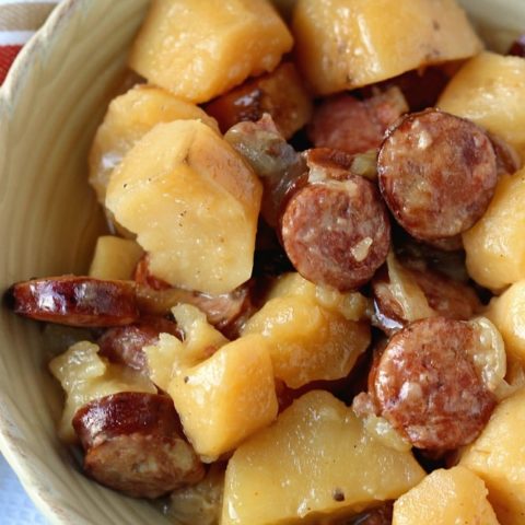 Crockpot Sausage & Potatoes is such an easy dinner idea with only five ingredients! Plus it will leave your house smelling amazing as it cooks all day!