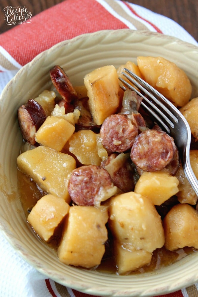 Crockpot Sausage & Potatoes is such an easy dinner idea with only five ingredients! Plus it will leave your house smelling amazing as it cooks all day!