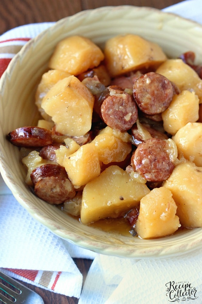 Crockpot Sausage & Potatoes is such an easy dinner idea with only five ingredients! Plus it will leave your house smelling amazing as it cooks all day!