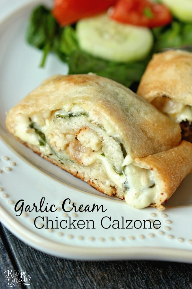 Garlic Cream Chicken Calzone - Pizza crust stuffed and rolled up with grilled chicken, spinach, jack cheese, and a garlic cream sauce.