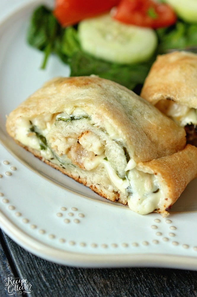Garlic Cream Chicken Calzone - Pizza dough stuffed and rolled up with grilled chicken, spinach, jack cheese, and a garlic cream sauce.